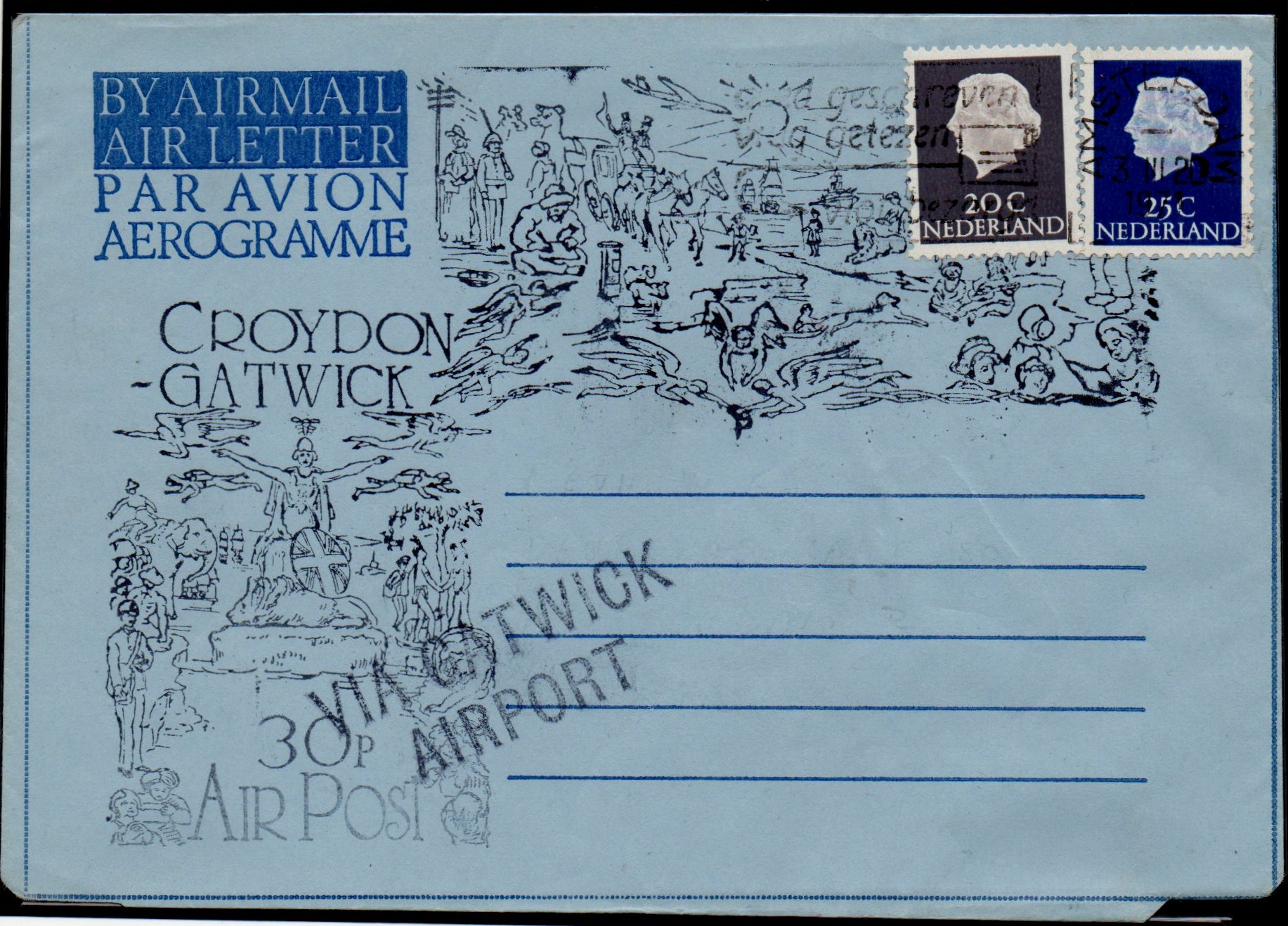 1971 Croydon Gatwick Strike Post Postal Stationery in the Mulready tradition - sent to The Netherlands